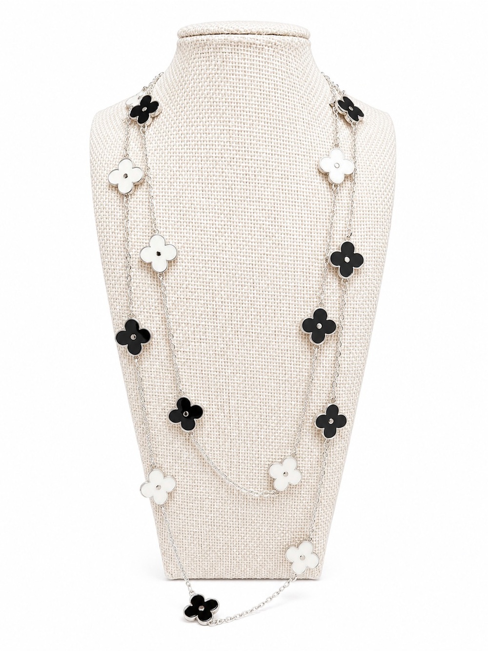 Zoetik Black White Clover Quatrefoil Long Station Necklace Preppy Chic
